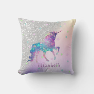 Coussin Licorne Arc-en-Ciel, Étoiles, Bokeh de Paillettes