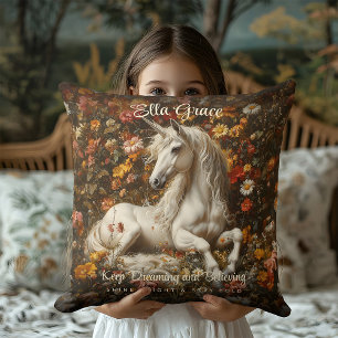 Coussin Licorne Blanche Florale Fantastique Art Conte de F