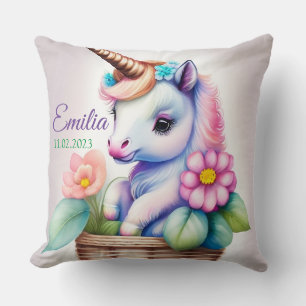 Coussin Licorne dans le panier - motif enfant aquarelle