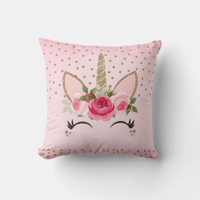 Coussin Licorne Florale Rose et Paillettes Dorées (Recto)