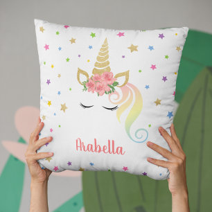 Coussin Licorne Magique Féminine & Étoiles Personnalisées