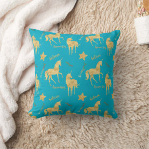 Coussin Licorne Magique Or Bleu Aqua