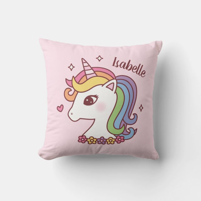 Coussin Licorne Mignonne avec Crinière Arc-en-Ciel Doodle  (Recto)