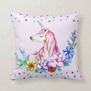 Coussin Licorne mignonne d'aquarelle avec floral