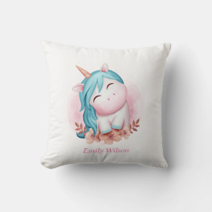 Coussin Licorne souriante aquarelle mignonne avec monogram