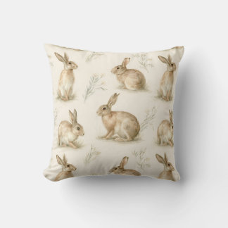 Coussin Lièvres de campagne à l'aquarelle et brins de prai