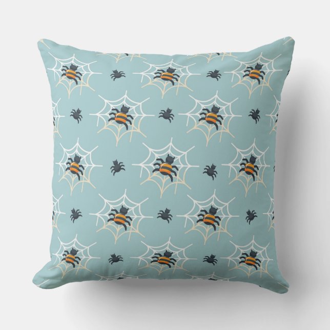 Coussin Light Blue with Spiders Halloween Throw Pillow (Recto)