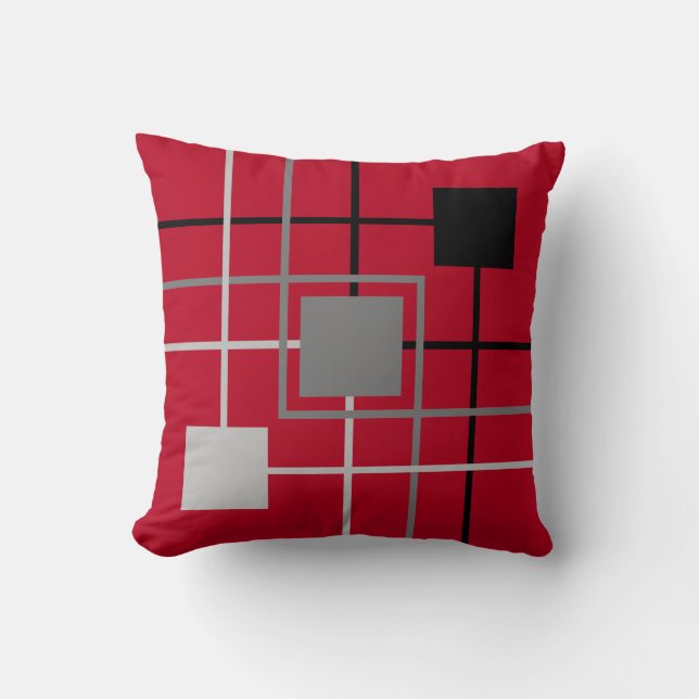 Coussin Lignes et Carrés Black Grey modernes sur Rouge Bou (Recto)