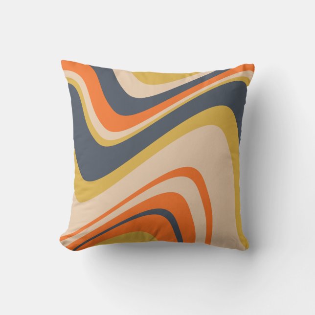 Coussin Lignes Vastes Rétro - Orange, Marine, Jaune, Beige (Recto)