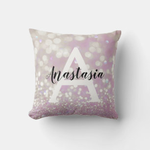 Coussin Lilac Girly Pailletés Monogramme Nom