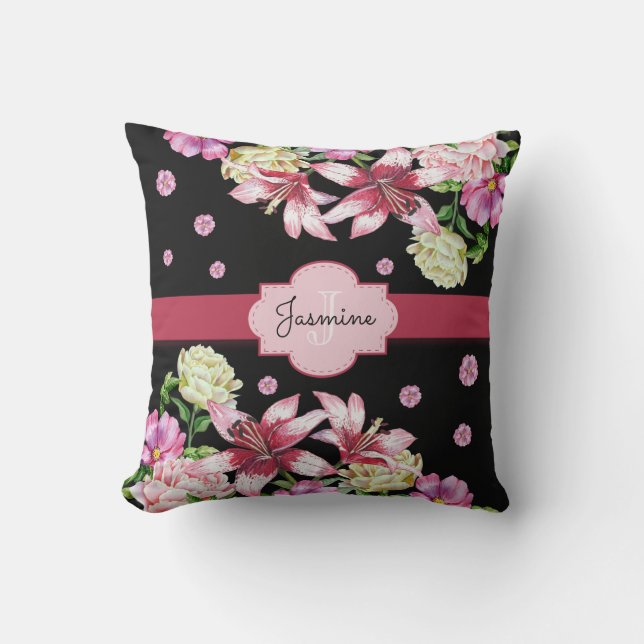 Coussin Lily & Peony Floral Black (Recto)
