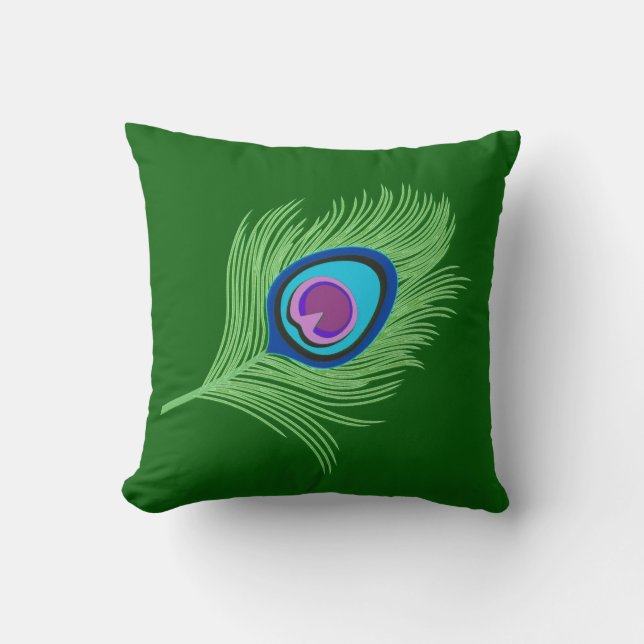 Coussin Lime et plumes de paon bleu sur vert émeraude (Recto)