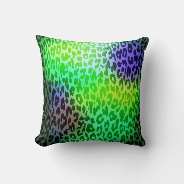 Coussin Lime rétro Vert et Violet Empreinte de léopard fou (Recto)
