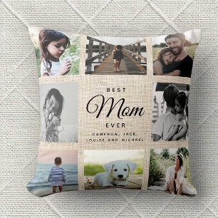 Coussin Linen Rustic Fête des Mères Maman Famille Photo Co