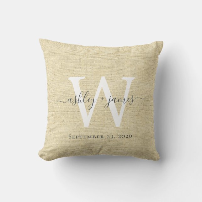 Coussin Linge beige Blanc Monogramme Mariage Keepsaké (Recto)