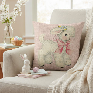 Coussin Linge rose vintage rétro avec agneau bébé mignon