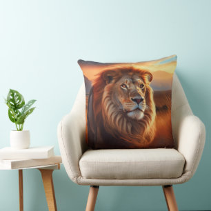 Coussin Lion Africain Majestueux au Coucher de Soleil du S