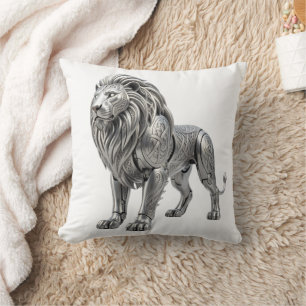 Coussin Lion argent celtique majestueux avec nœud complexe