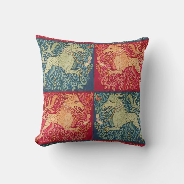 Coussin Lion BESTIAIRE MÉDIÉVAL Comme la bête en bleu roug (Recto)