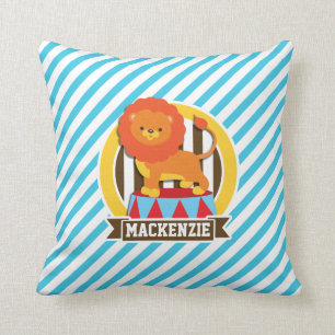 Coussin Lion de cirque Grand Haut Orange ; Bleu & Blancs