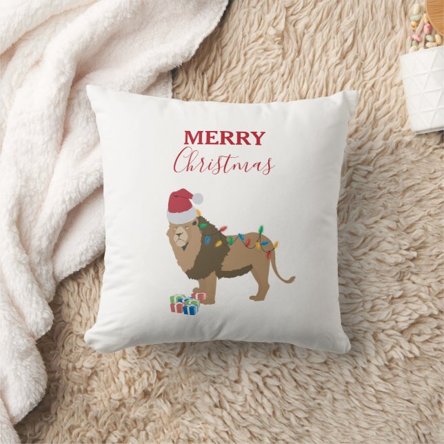 Coussin Lion de Noël animal drôle avec chapeau de Père Noë (Couverture)