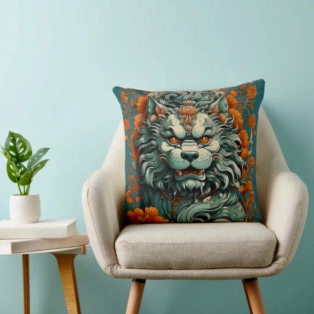 Coussin Lion de sagesse Flu  (Flu Lion of Wisdom Throw Pillow High quality 100% polyester hidden zipper enclosure.)