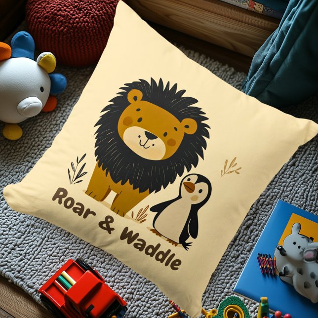 Coussin Lion et manchot | Décor Chambre Enfants (Créateur téléchargé)