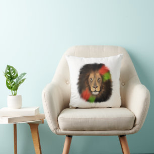Coussin lion fierté noire rouge vert unité jungle chat roi