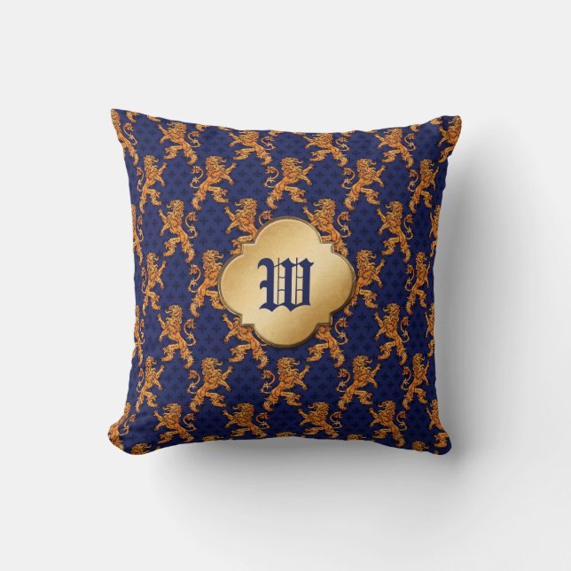 Coussin Lion médiéval Blue Fleur de Lis d'or (Recto)