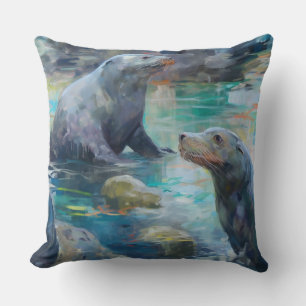 Coussin Lions de mer assis sur les rochers dans l'eau Turq