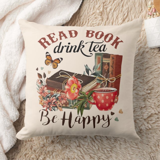 Coussin Lire des livres, boire du thé et être heureux (Couverture)