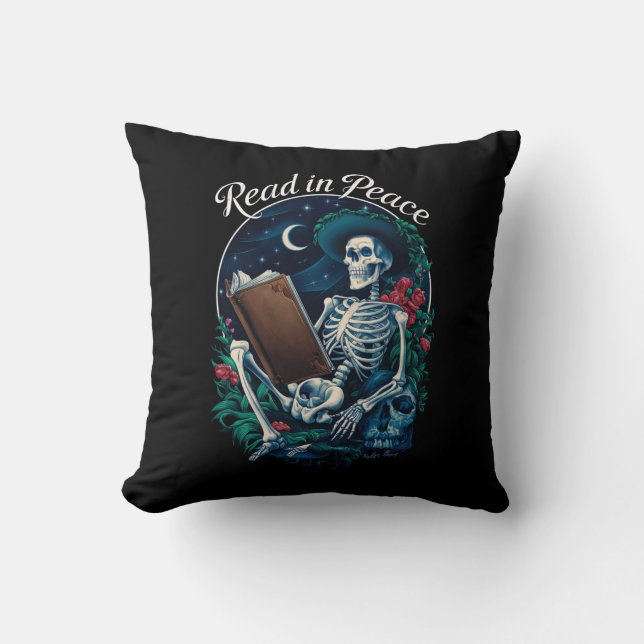 Coussin Lisez en paix squelette lecteur amateur de livres  (Recto)