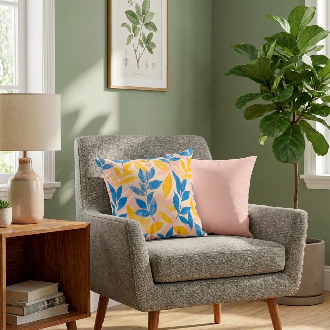 Coussin Lithographe bleu jaune rose amusant botanique feui (Lithograph Blue Yellow pink fun botanical leafy Throw Pillow.)