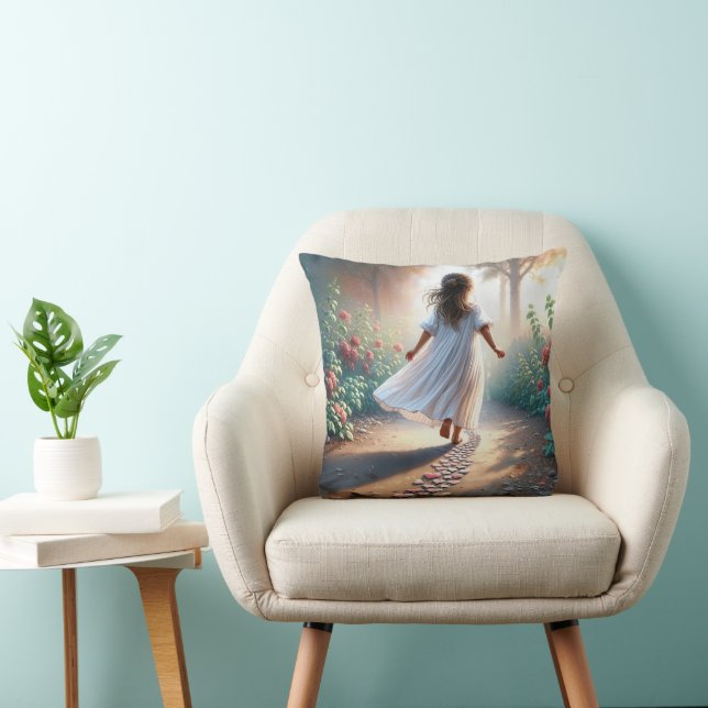 Coussin Little Girl Running On a Pink Heart Path (Chaise)