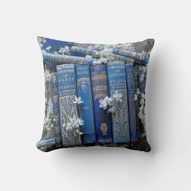 Coussin Livres bleus et fleurs (Recto)