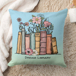 Coussin Livres et fleurs sauvages rêve bibliothèque bleu v