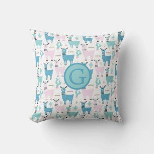 Coussin Llama Alapaca animal Monogramme bleu rose animaux