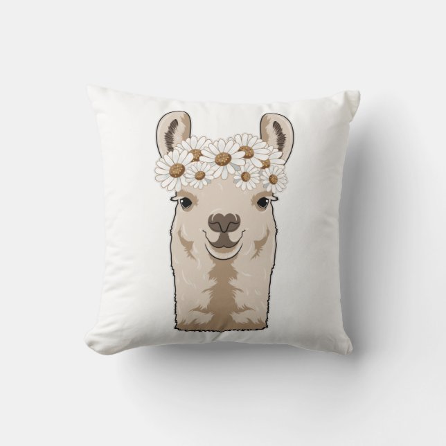 Coussin Llama aux fleurs blanches (Recto)