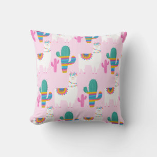 Coussin Llama du désert rose et Motif de Cactus