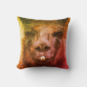 Coussin Llama noire intense Visage gros vers le haut Abstr