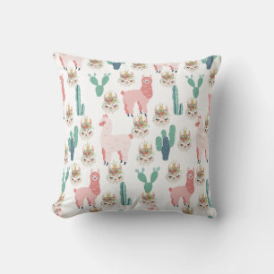 Coussin Llama rose et cactus vert