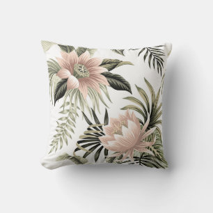 Coussin Lotus rose vintage tropical, feuilles de palmiers,
