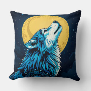 Coussin Loup bleu mystique hurlant à la pleine lune