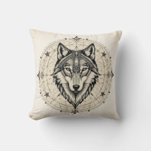 Coussin Loup dans un mandala géométrique et décoratif