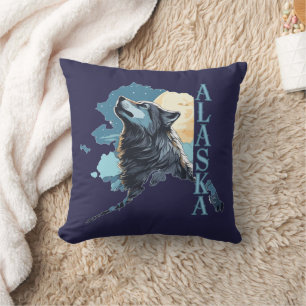 Coussin Loup et Lune du Contour de l'Alaska