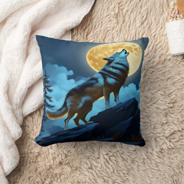 Coussin Loup hurlant sous la Pleine lune brillante (Couverture)