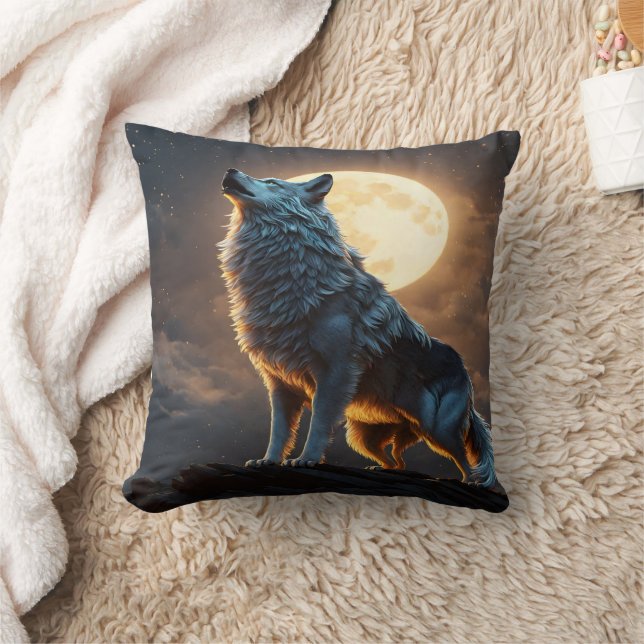 Coussin Loup Majestueux hurle sous ciel Plein Lune (Couverture)