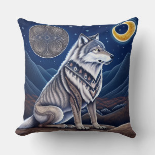 Coussin Loup Majestueux Sous un Ciel Étoilé