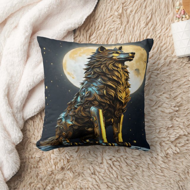 Coussin Loup Métallurgique Majestueux Sous Plein Lune (Couverture)