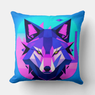 Coussin Loup néon futuriste en art géométrique